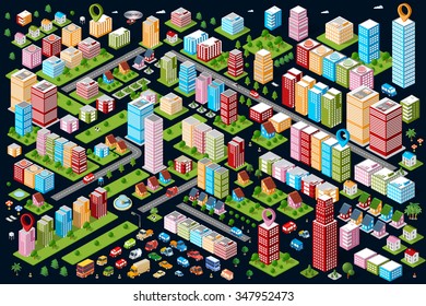 City flat 3d isometric objects. Three-dimensional perspective of architectural details. Skyscrapers and buildings in an top view. Volumetric architecture. Kit modern town. Set of design elements.