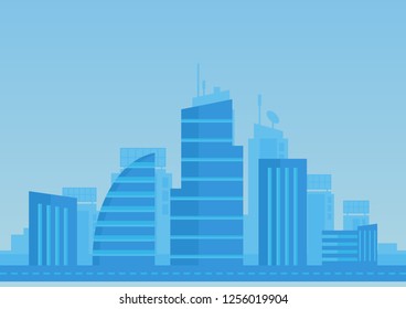City flat background in blue color. Modern town illustration.