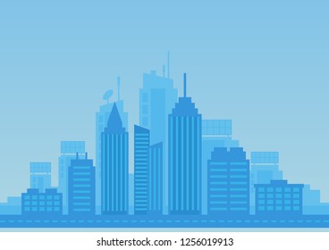 City flat background in blue color. Modern town illustration.
