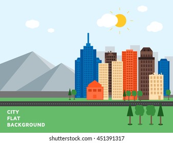 City flat background with silhouette mountains. Banner with landscape city. Vector illustration, eps 10