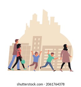 City flat composition with characters of walking people of various age and race with cityscape background vector illustration