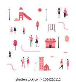 City - flat design style set of isolated elements on white background for creating your own images. A collection of cartoon characters, buildings, slide, swing, lanterns, trees, road