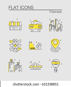 City Flat Line Icon Pack, store front, taxi, skyline, traffic light, park bench, place marker, hospital, car, hot air balloon