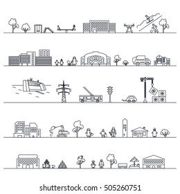 City flat outline icons, urban landscape. Vector.