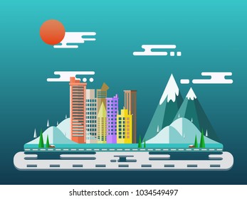 city flat scene design with building apartment and forest mountains. landscapes Vector illustrations