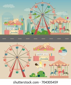 a city in flat style set of buildings and Park Ferris wheel ice cream tray carousel