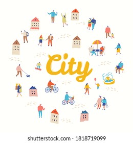 Vector plano de la ciudad. La gente se enreda. Caracteres planos masculinos y femeninos aislados en fondo blanco.	
