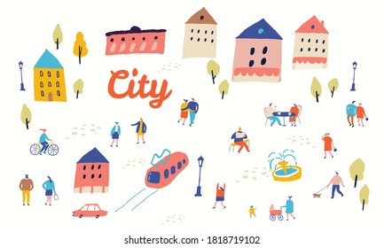 Vector plano de la ciudad. La gente se enreda. Caracteres planos masculinos y femeninos aislados en fondo blanco.	
