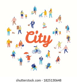 City flat vector. People crowd set. Male and female flat characters isolated on white background.	
