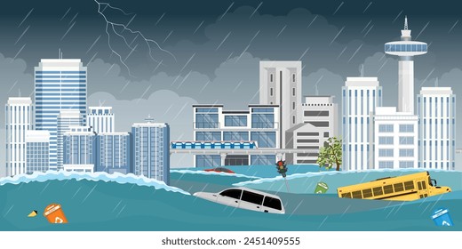 City flood flooding water in city street and heavy rain drops on city view with cars and garbage floating in the water, vector illustration.