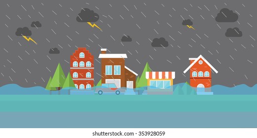 City Flood Flooding Water In City Street Building Store House Home Town