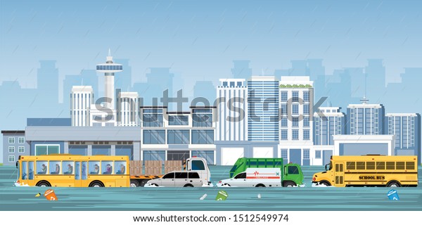 City flood\
and heavy rain drops on city view with cars and garbage floating in\
the water, vector\
illustration.