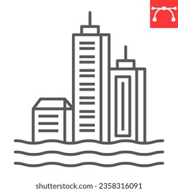 City flood line icon, climate change and ecology, water disaster vector icon, vector graphics, editable stroke outline sign, eps 10.