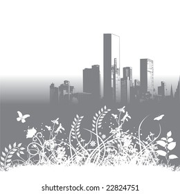 city floral vector grunge background with space for text