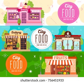 City food horizontal banners with showcases of bakery fruits and sweets stores flat icons vector illustration  