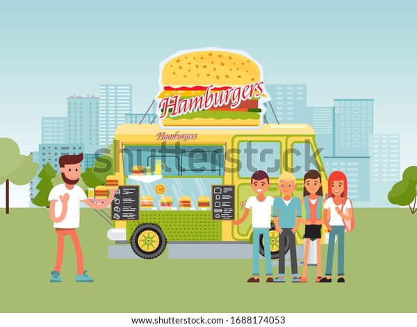City food truck vector illustration. Street truck\
or van selling various burger menu, cartoon flat happy man woman\
character, smiling people buying hamburger streetfood in park\
festival outdoor market