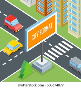 City format. Urban crossroads with cars and houses, pedestrians. Town street view 3d design concept with buildings, markings, road signs and traffic. Part of series of city isometric. Vector