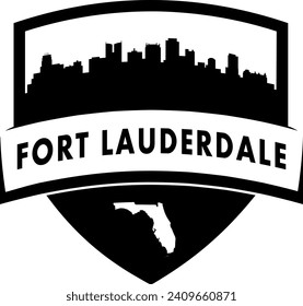 City of Fort Lauderdale Florida black and white shield style city buildings silhouette shield graphic with knockout white outline of the state border shape under name. Vector eps design. 