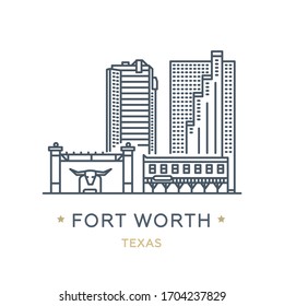 City Fort Worth, state of Texas. Line icon of famous and largest city of USA. Outline icon for web, mobile and infographics. Landmarks and famous building. Vector illustration, white isolated. 