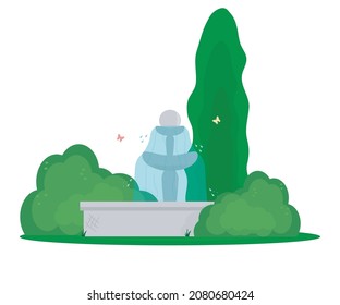 city fountain, bushes and butterflies