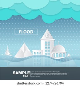 city front View In A flood rainy season Vector Illustration