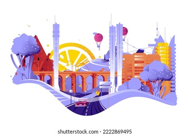 City of fruits and vegetables vector illustration. Sun, trees and air balloon in shape of orange, broccoli and apples. Fabulous city