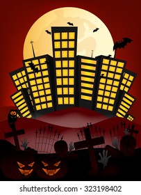 City and full moon vector Illustration  with building, cemetery,bat, pumpkin 