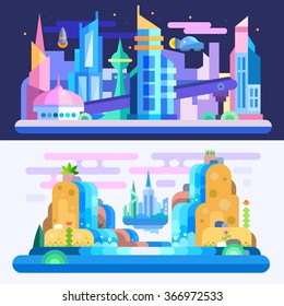 City of future!  Amazing alien-look landscape and city scape with floating town, skyscrapers, flying cars, waterfalls on another planet. Flat vector illustration set. 