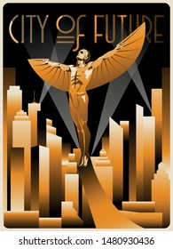 City Of Future Art Deco Style Poster, Winged Man, Cityscape, Rays Of Light