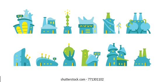 City Future Fantastic Cartoon Modern Building Town. Set Of Alien Buildings For Game Design. Vector Stock Illustration. Blue And Green