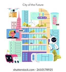 The city of the future features advanced technology and eco-friendly design. Drones deliver goods, robots assist daily activities, and urban greenery enhances the living environment. Vector