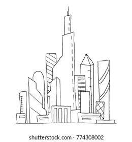 City future. Hand drawn vector sketch illustration. Building skyscraper architecture landscape. Very tall buildings. Business center.