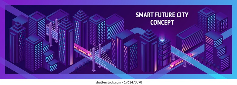 City of future isometric banner with speed trains riding on bridge with highway roads and glowing buildings around. Futuristic cityscape with neon glow skyscrapers illumination. 3d vector illustration