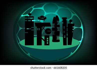 City of the future.  Logos or emblems. Illustration can be used on tickets, advertisements, banners, websites. Space colony icon. Artificial planet.Turquoise color. Black silhouettes of buildings.