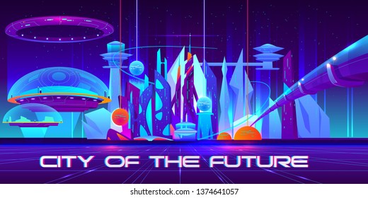 City of future at night with glowing neon lights and shining spheres. Metropolis landscape with flying town parts under glass domes, spaceship, tube bridge and skyscrapers. Cartoon vector illustration