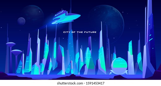 City of future at night in neon lights. Spaceship flying above futuristic cityscape with glowing illumination. Modern town buildings exterior architecture in blue colors. Cartoon vector illustration