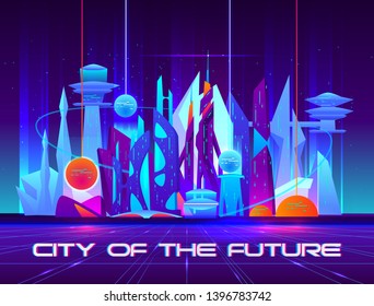 City of future at night with vibrant neon lights and shining spheres. Urban landscape, Futuristic metropolis with glowing buildings and skyscrapers. Cartoon vector illustration.