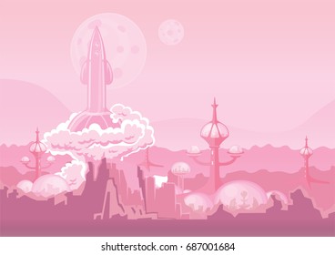 City of the future on another planet and rocket blasting off. Space colony, human settlement on Mars. Vector illustration with copy space.