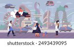 City of the future. People in futuristic clothes. Electric cars, flying cars, mopeds. New technologies. Buildings of unusual shape and design. Technopolis. Vector illustration.