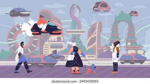 City of the future. People in futuristic clothes. Electric cars, flying cars, mopeds. New technologies. Buildings of unusual shape and design. Technopolis. Vector illustration.