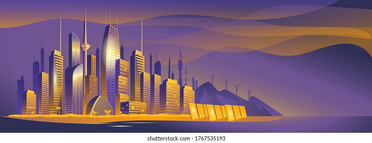 City of the future skyscrapers at dawn. City on the background of mountains withwind generators and solar panel. Vector horizontal illustration.