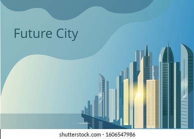 City of the future skyscrapers at dawn. Vector horizontal illustration. A pattern of horizontal banner.