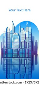 Ciudad de los futuros rascacielos al amanecer. Ilustración vectorial en colores azules. Una plantilla de banner vertical.