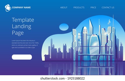 City of the future skyscrapers at dawn. Vector illustration in blue colors. Template for the first landing Page screen.