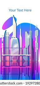 Ciudad de los futuros rascacielos al amanecer. Ilustración vectorial en colores neones. Una plantilla de banner vertical.