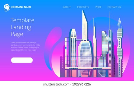 City of the future skyscrapers at dawn. Vector illustration in neon colors. Template for the first landing Page screen.