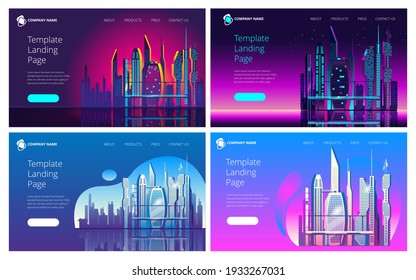 City of the future skyscrapers at dawn. Vector illustration in neon colors. Template for the first landing Page screen. A set of images.
