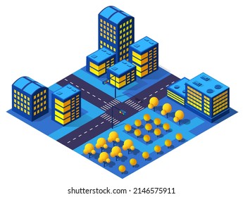 City future smart urban Isometric night lights architecture 3D illustration technology town street with a lot of building houses and skyscrapers, streets, trees