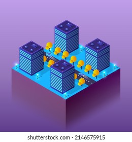 City future smart urban Isometric night lights architecture 3D illustration technology town street with a lot of building houses and skyscrapers, streets, trees