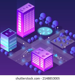 City future smart urban Isometric night lights architecture 3D illustration technology town street with a lot of building houses and skyscrapers, streets, trees